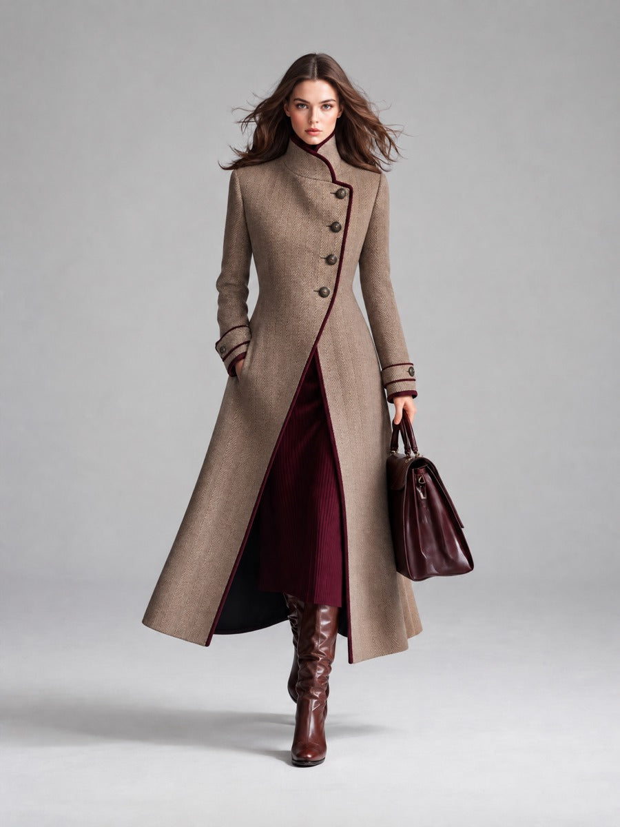 Delphine — Manteau Long en Laine à Chevrons