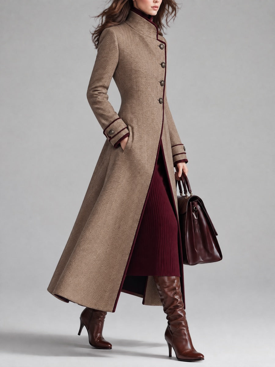 Delphine — Manteau Long en Laine à Chevrons