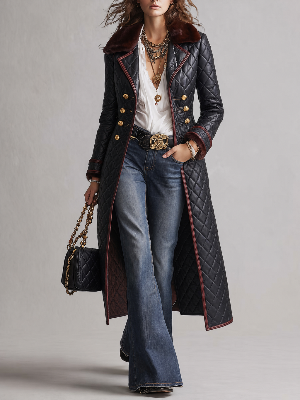Anaïs — Manteau Long Matelassé, Col en Fausse Fourrure