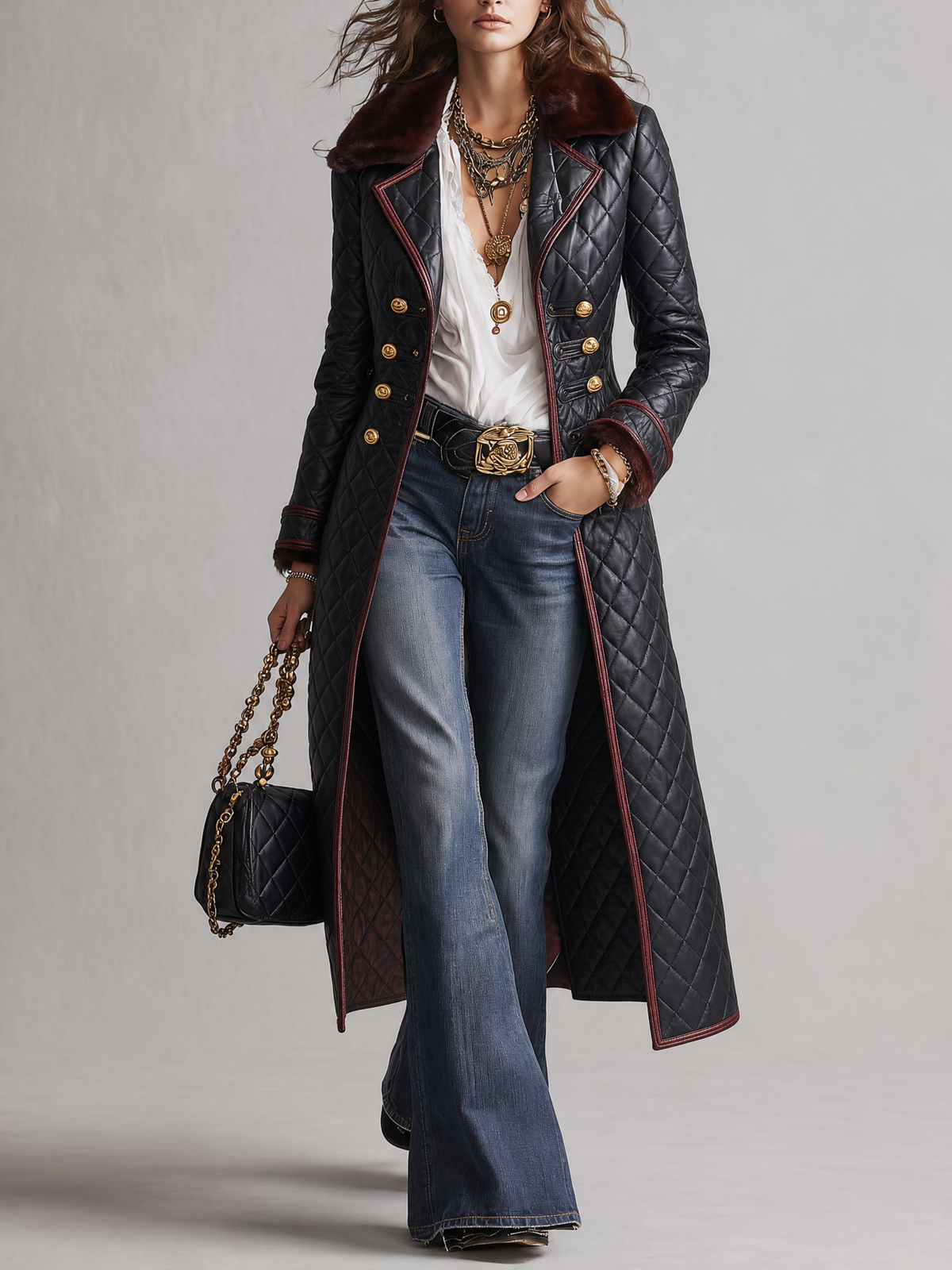 Anaïs — Manteau Long Matelassé, Col en Fausse Fourrure