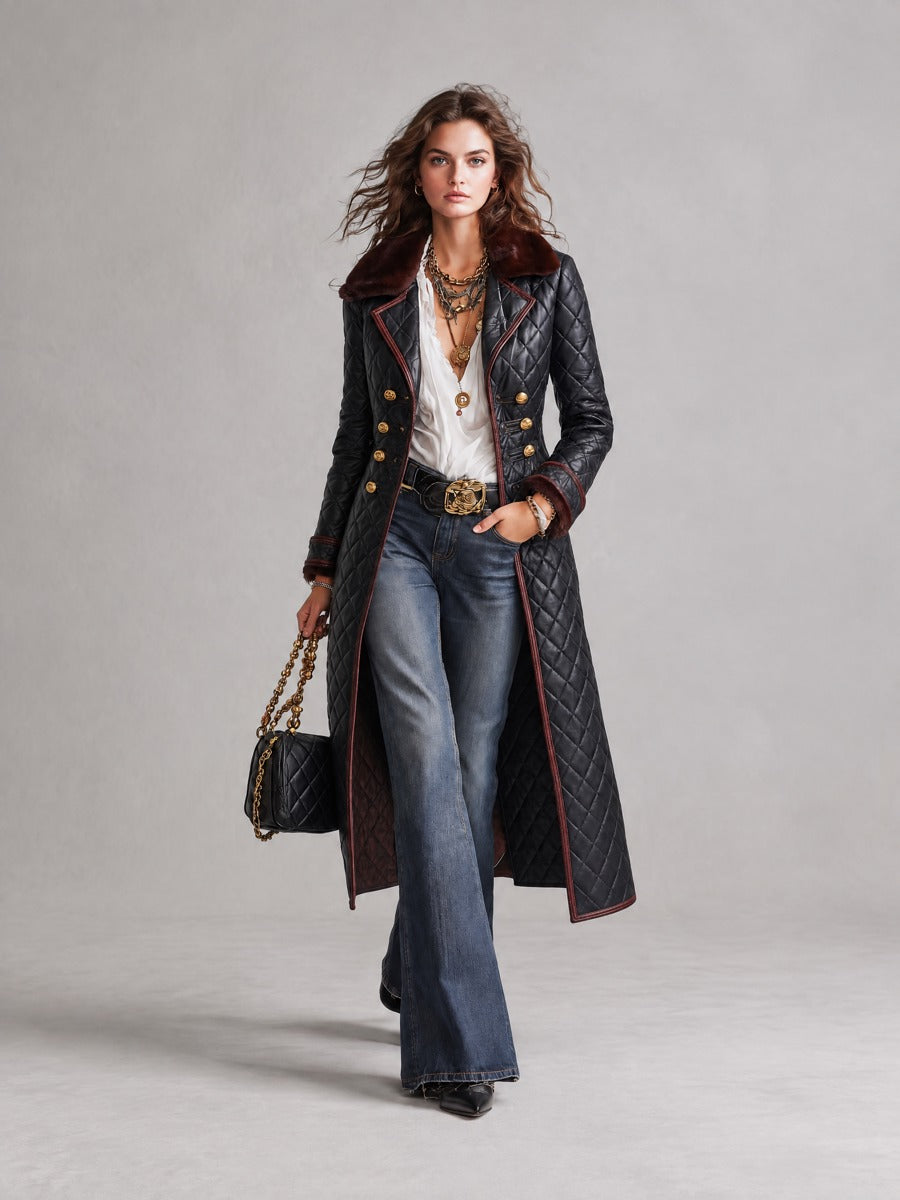 Anaïs — Manteau Long Matelassé, Col en Fausse Fourrure