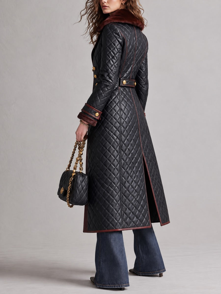 Anaïs — Manteau Long Matelassé, Col en Fausse Fourrure