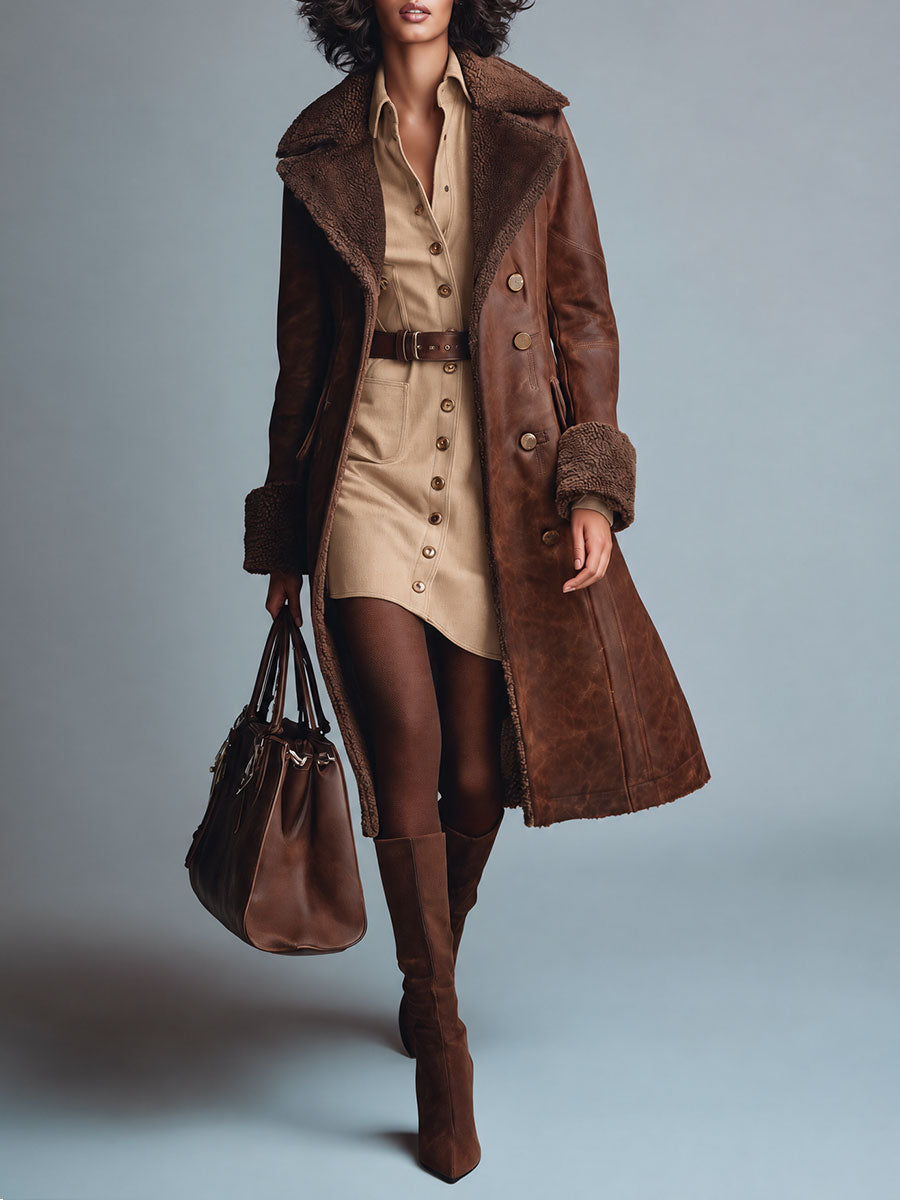 Huguette — Manteau Trench en Cuir, Bord en Fausse Fourrure