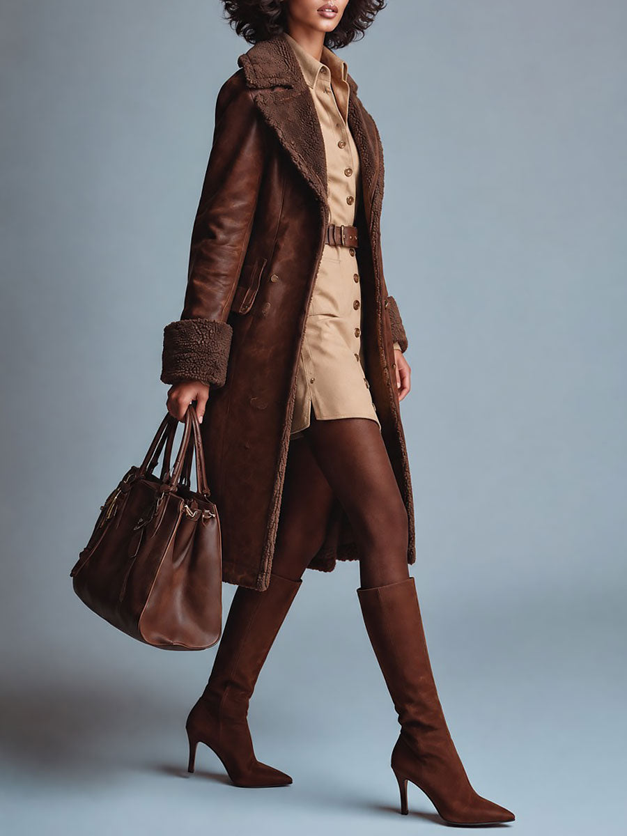 Huguette — Manteau Trench en Cuir, Bord en Fausse Fourrure