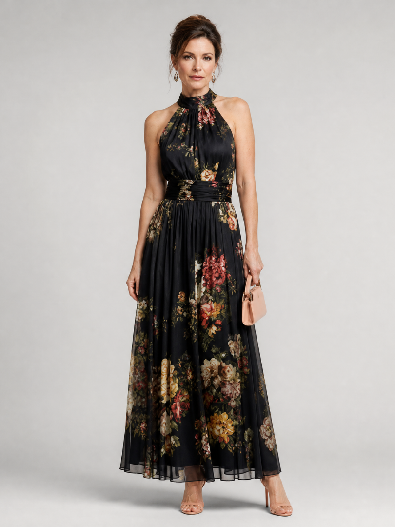 Fernande — Robe Midi à Encolure Halter Florale