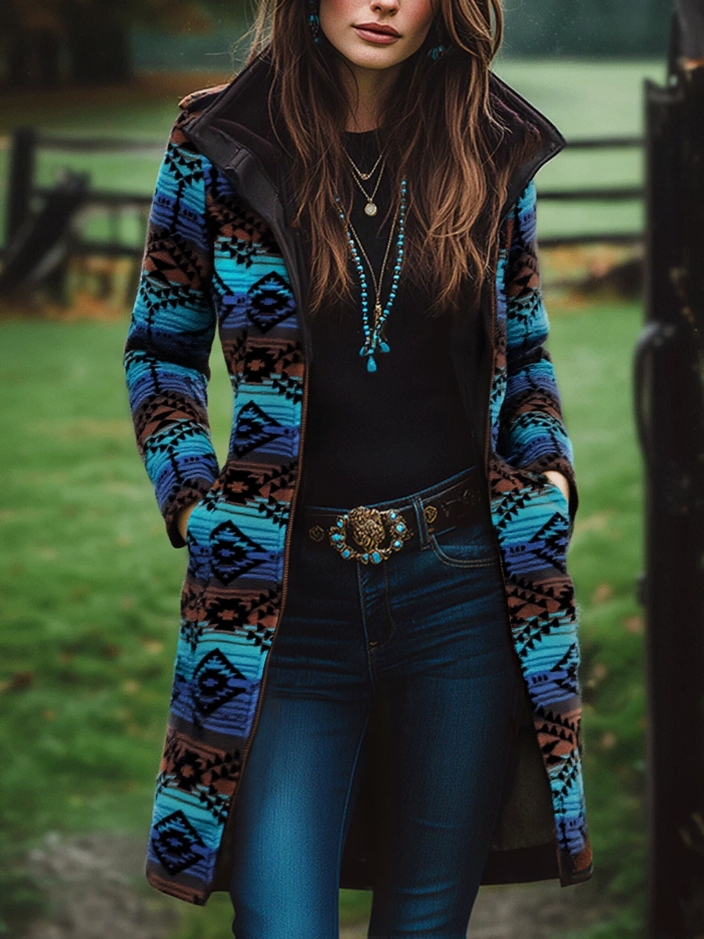 Estelle — Manteau Long en Laine, Imprimé Tribal Boho