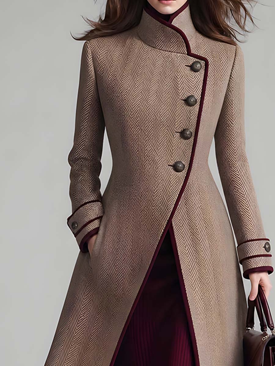 Delphine — Manteau Long en Laine à Chevrons