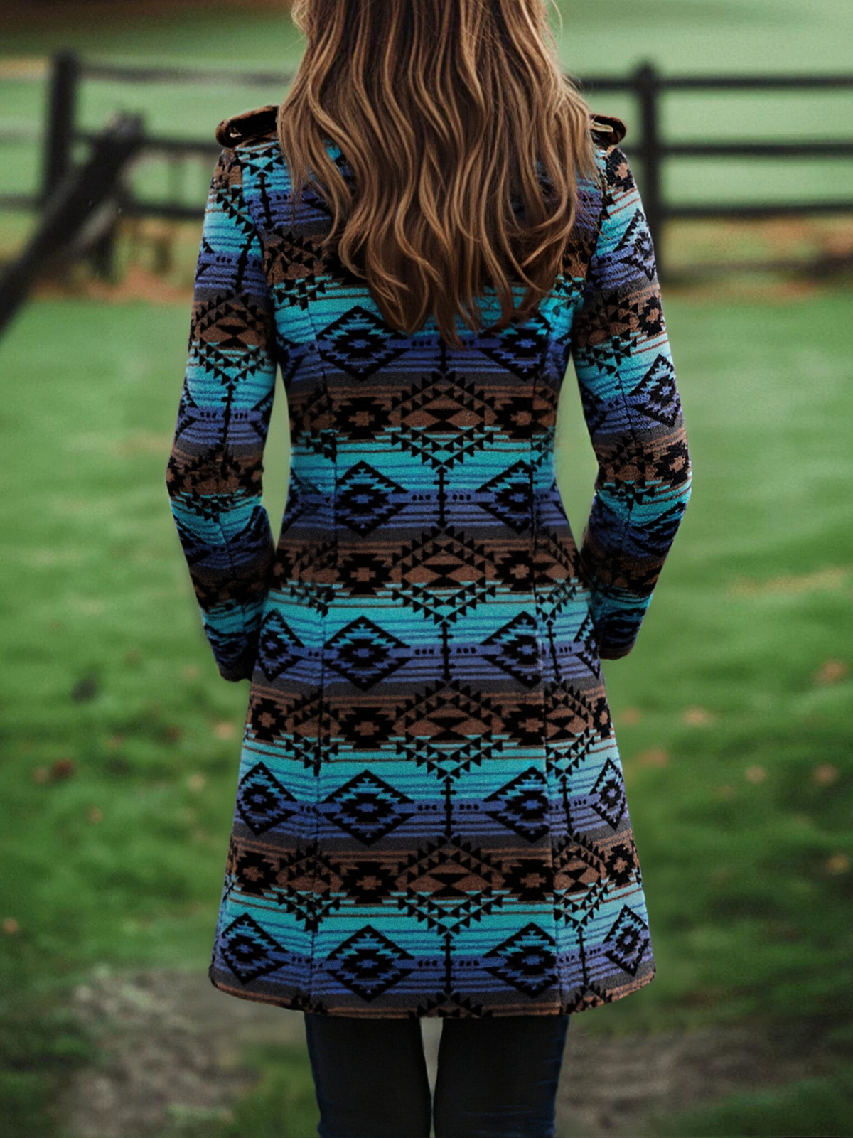 Estelle — Manteau Long en Laine, Imprimé Tribal Boho