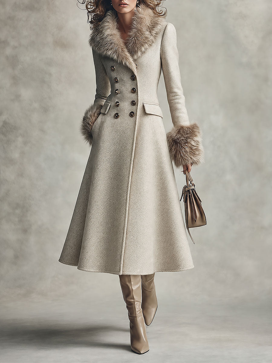 Solange — Manteau en Laine Mélangée, Col en Fourrure