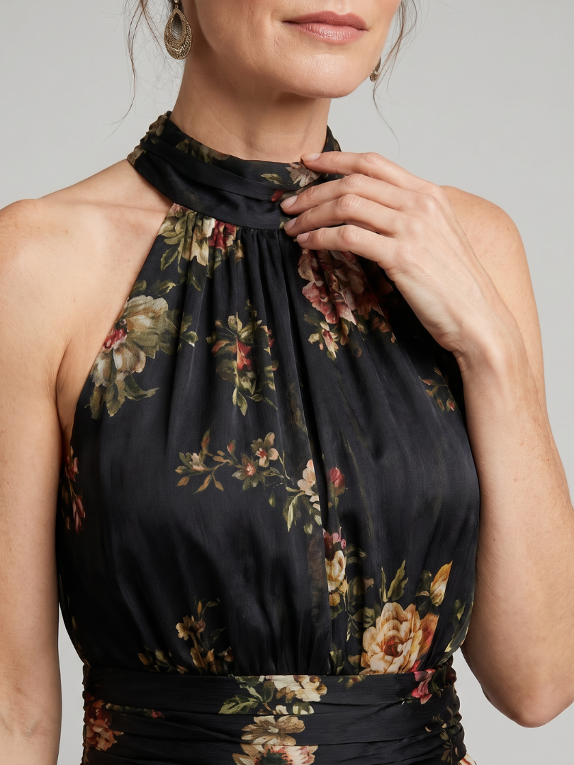 Fernande — Robe Midi à Encolure Halter Florale