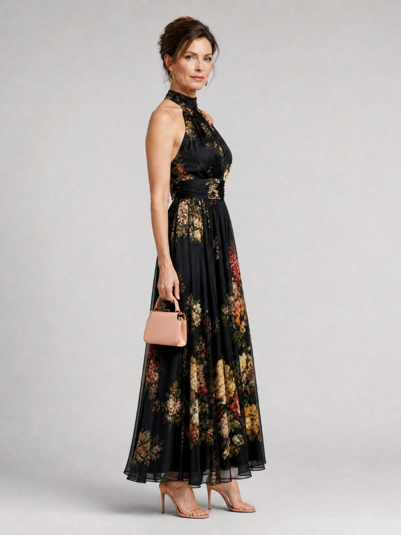 Fernande — Robe Midi à Encolure Halter Florale
