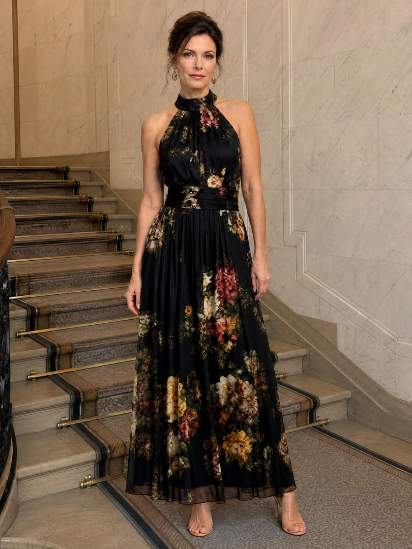 Fernande — Robe Midi à Encolure Halter Florale