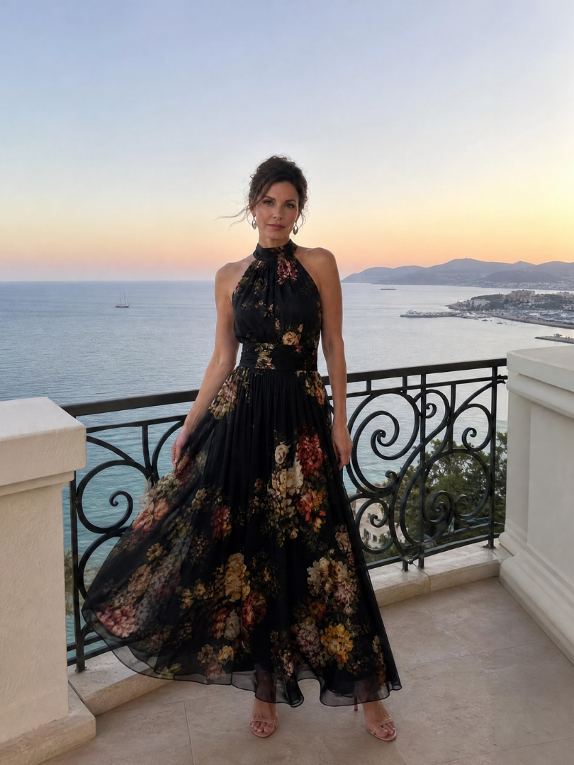 Fernande — Robe Midi à Encolure Halter Florale