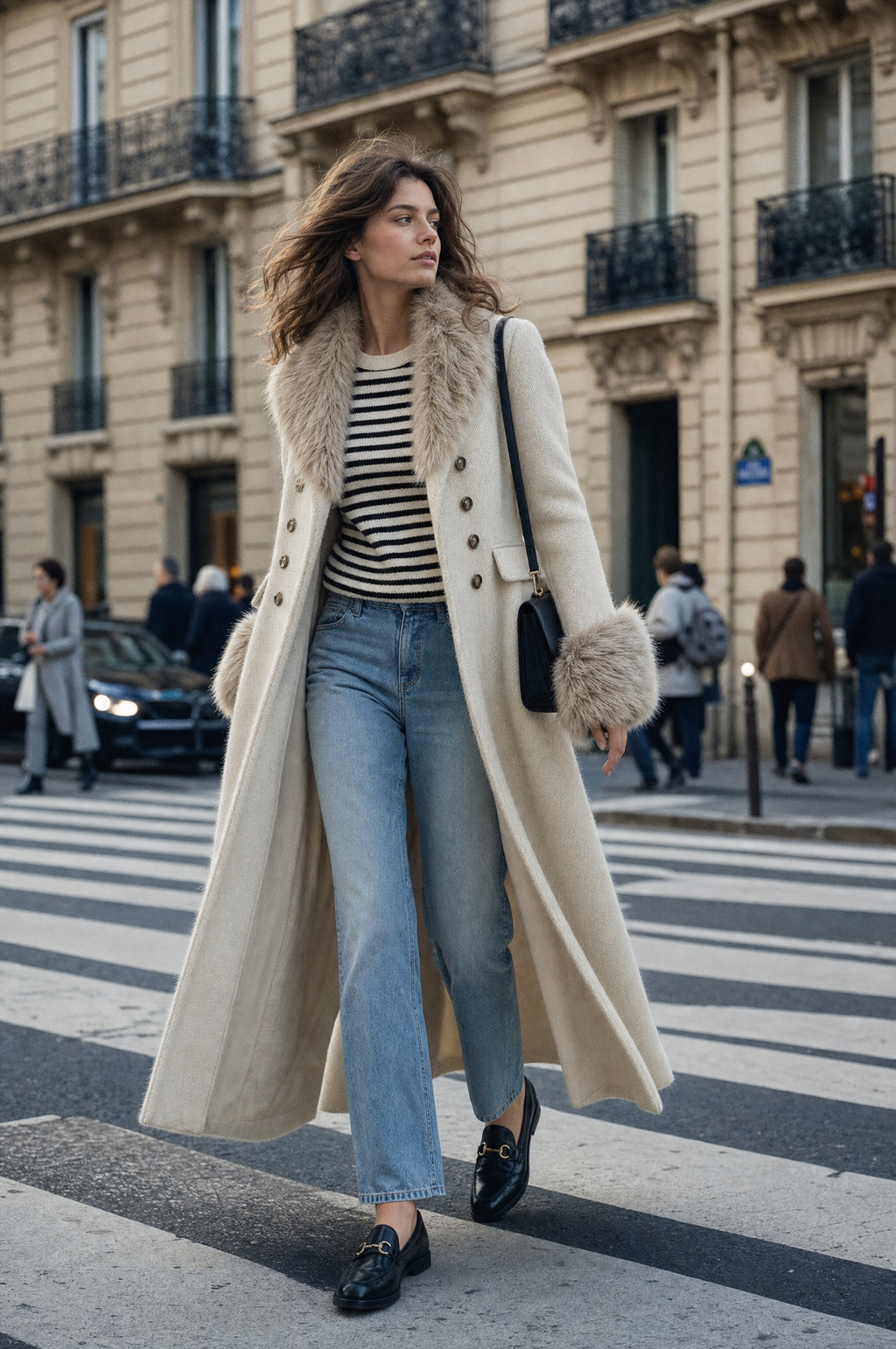 Solange — Manteau en Laine Mélangée, Col en Fourrure