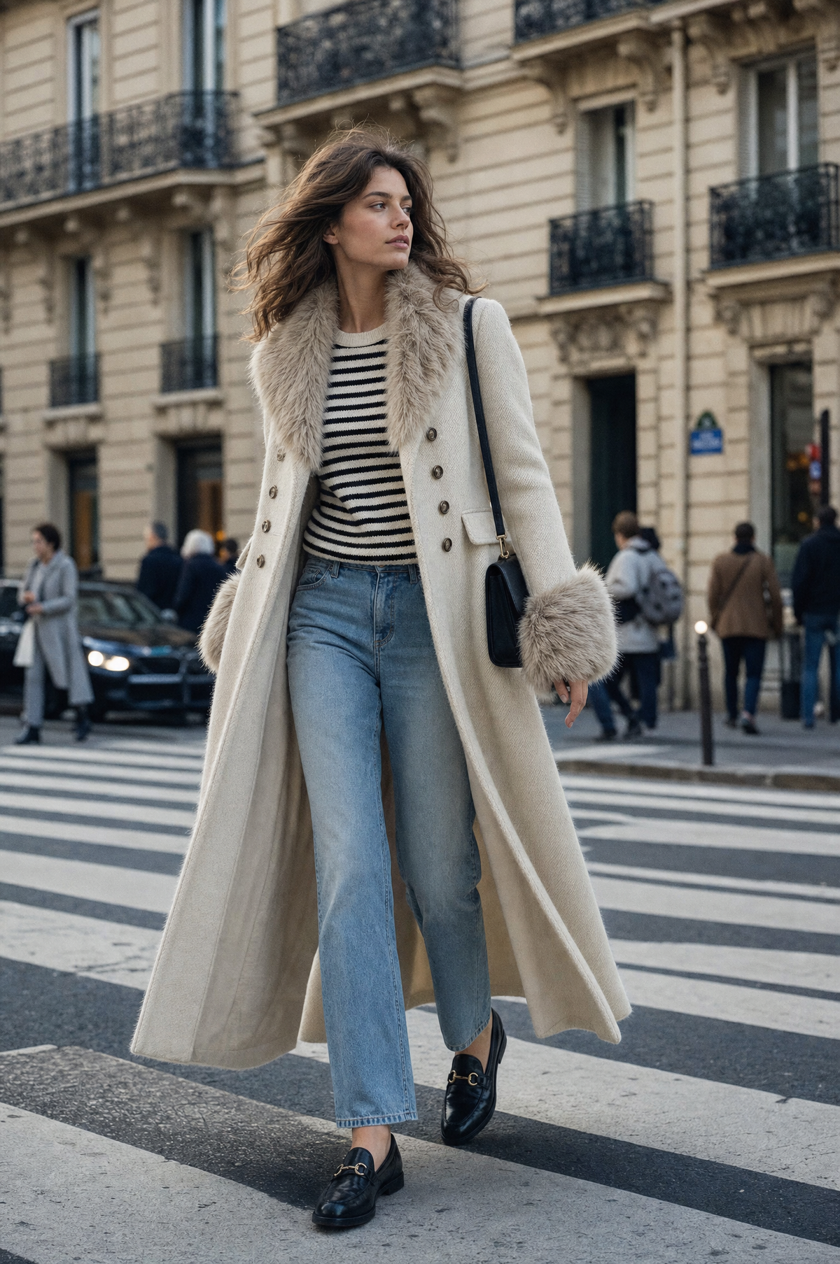 Solange — Manteau en Laine Mélangée, Col en Fourrure