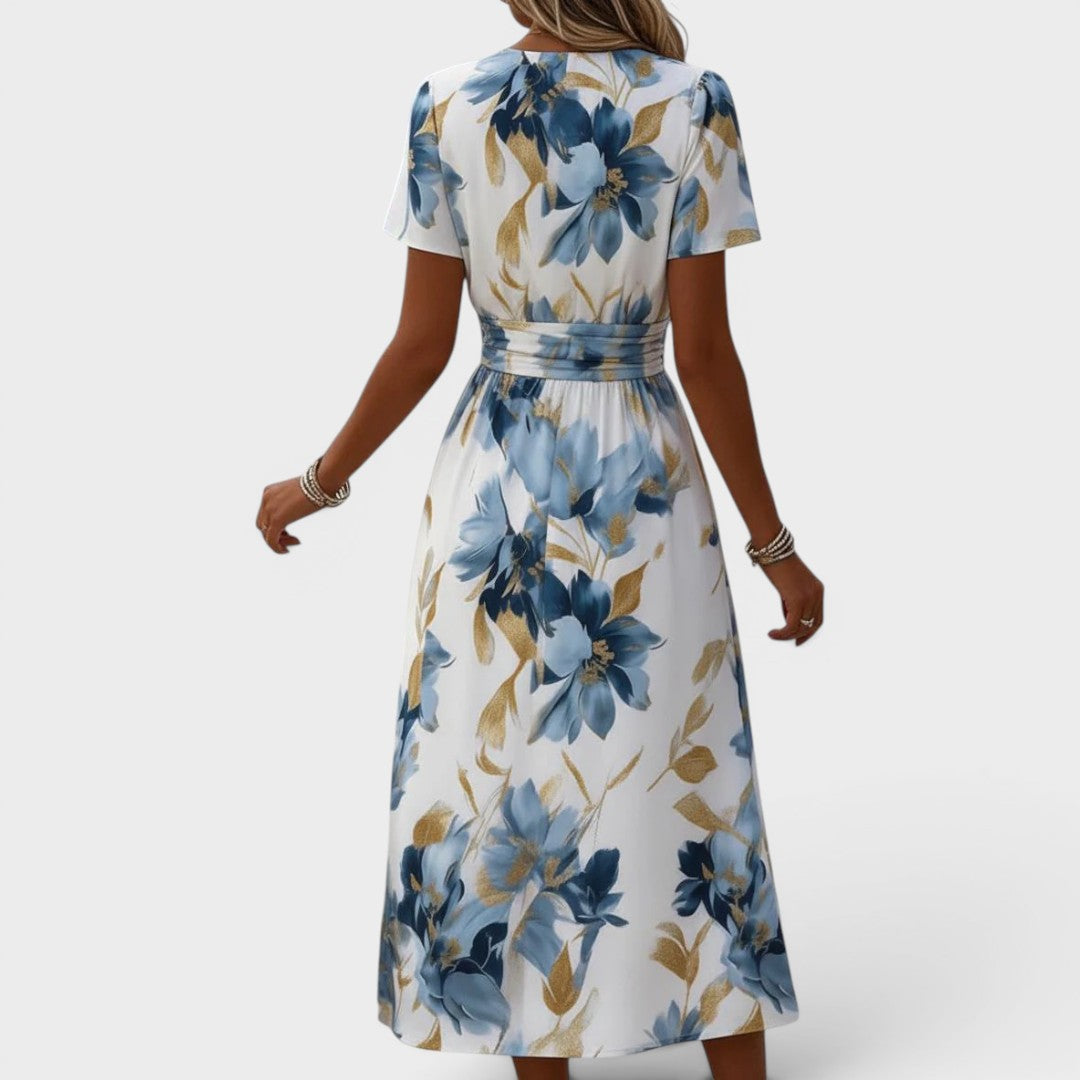 Blanche — Robe Midi à Taille Wrap Florale