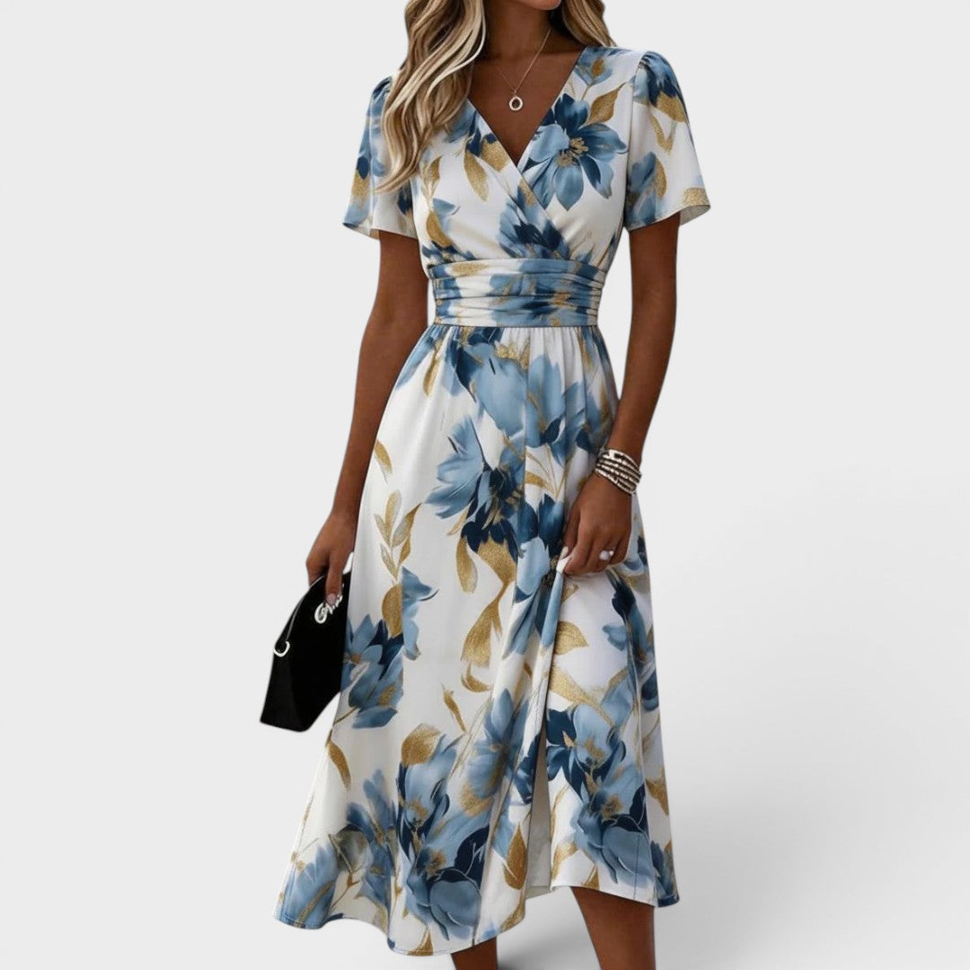Blanche — Robe Midi à Taille Wrap Florale