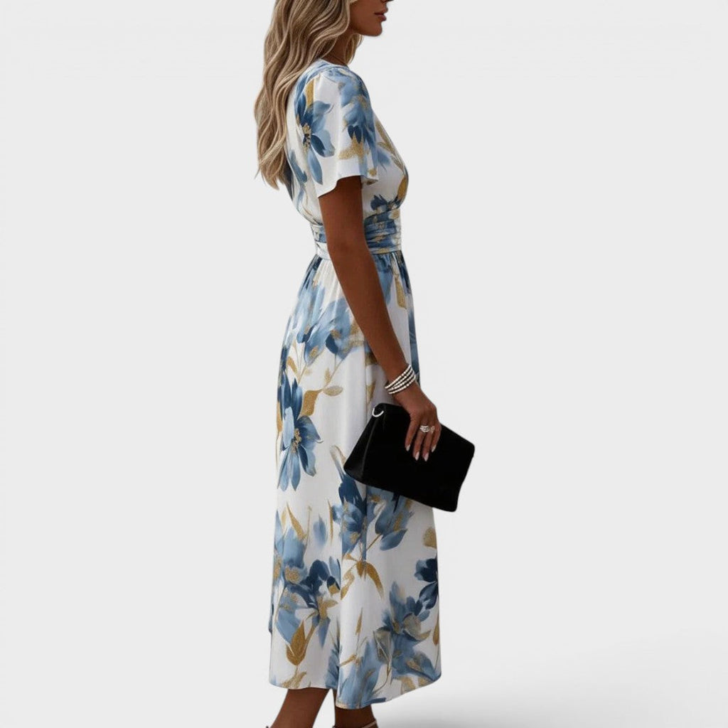 Blanche — Robe Midi à Taille Wrap Florale