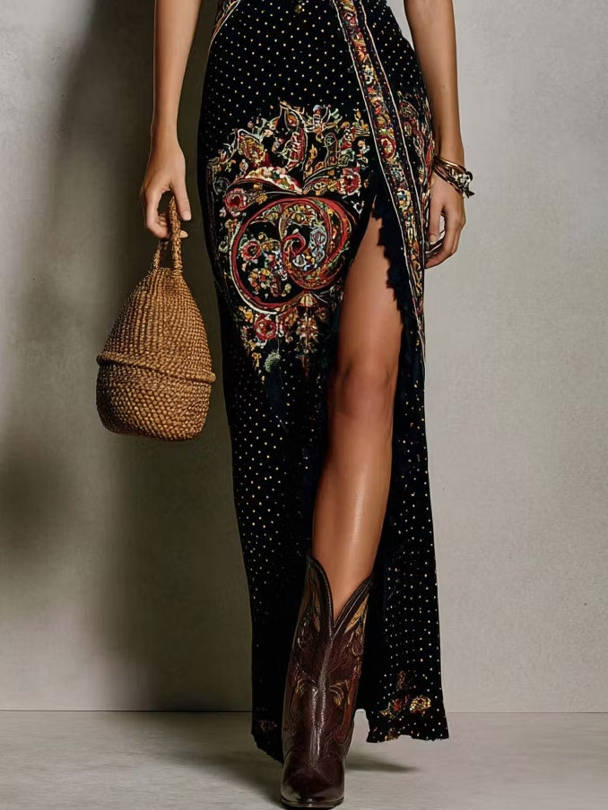 Jocelyne — Robe Imprimée Bohème, Fente Haute