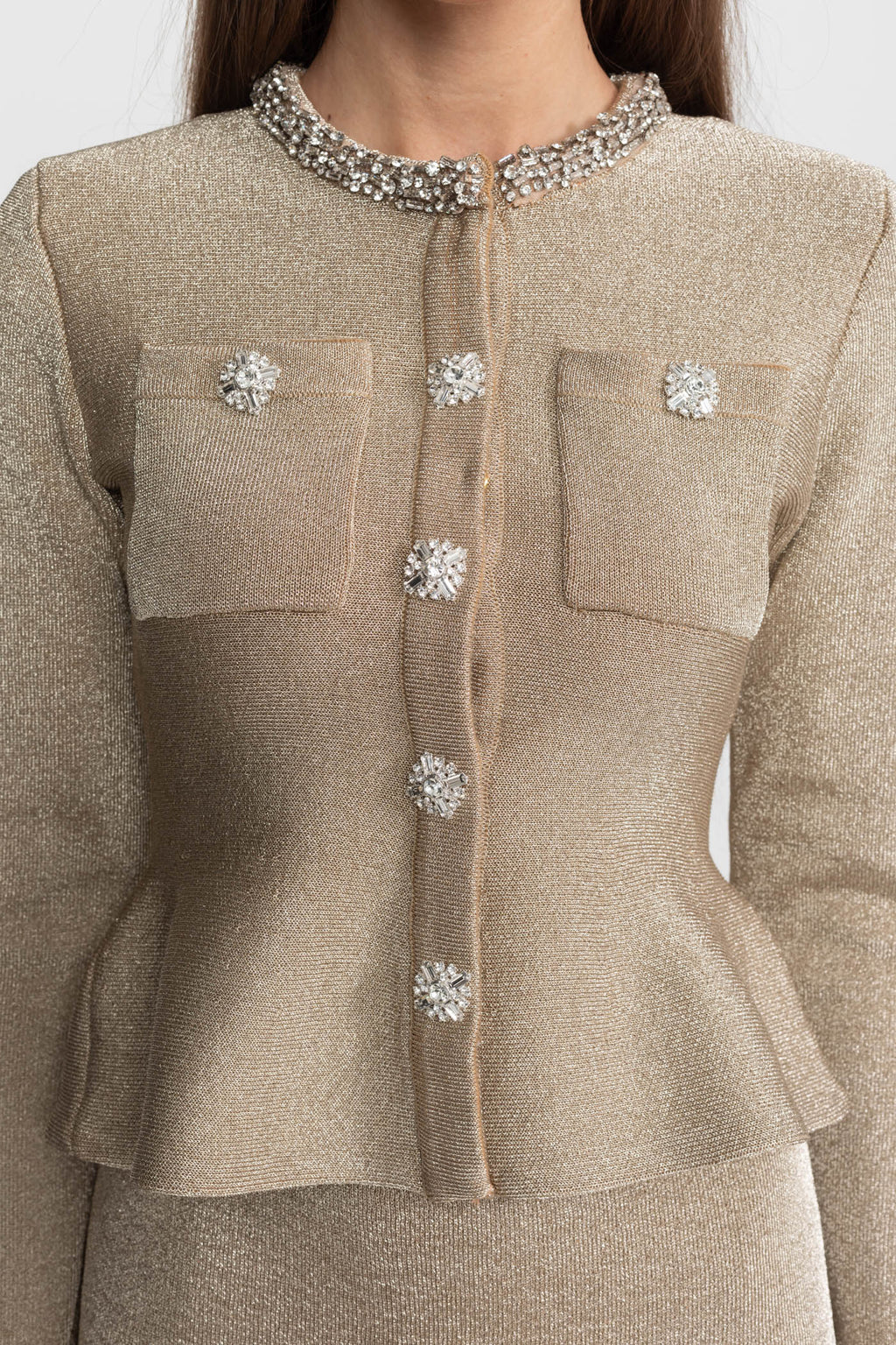 Joëlle — Ensemble 2 Pièces en Tricot Scintillant, Détails en Cristal