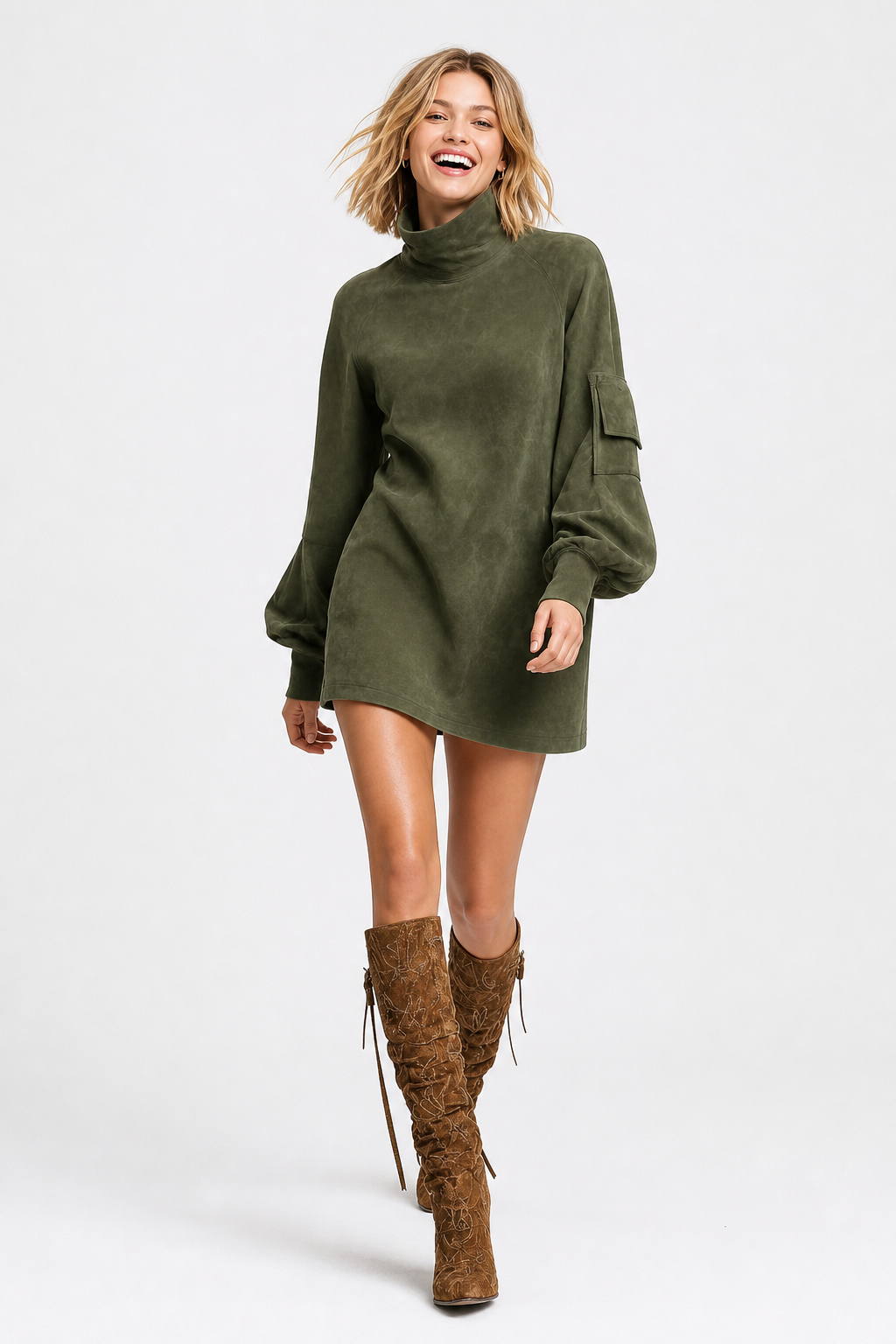 Liliane — Robe Mini en Suède Oversize, Col Roulé