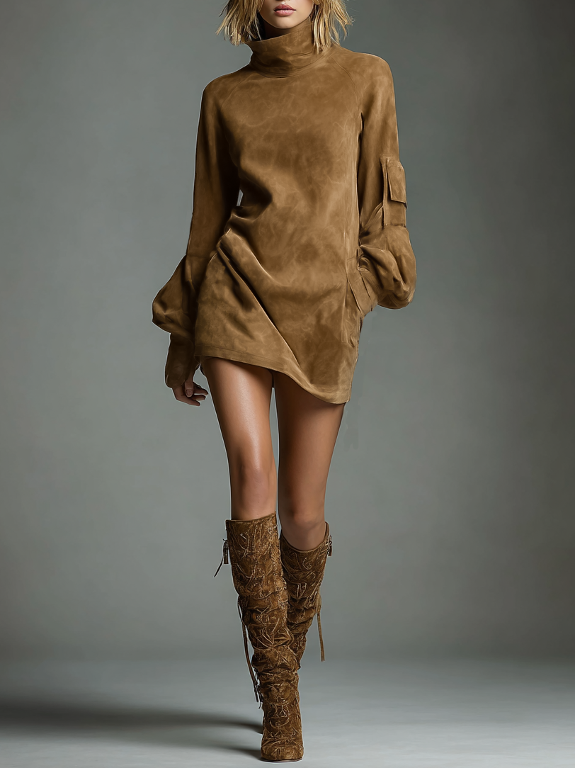 Liliane — Robe Mini en Suède Oversize, Col Roulé