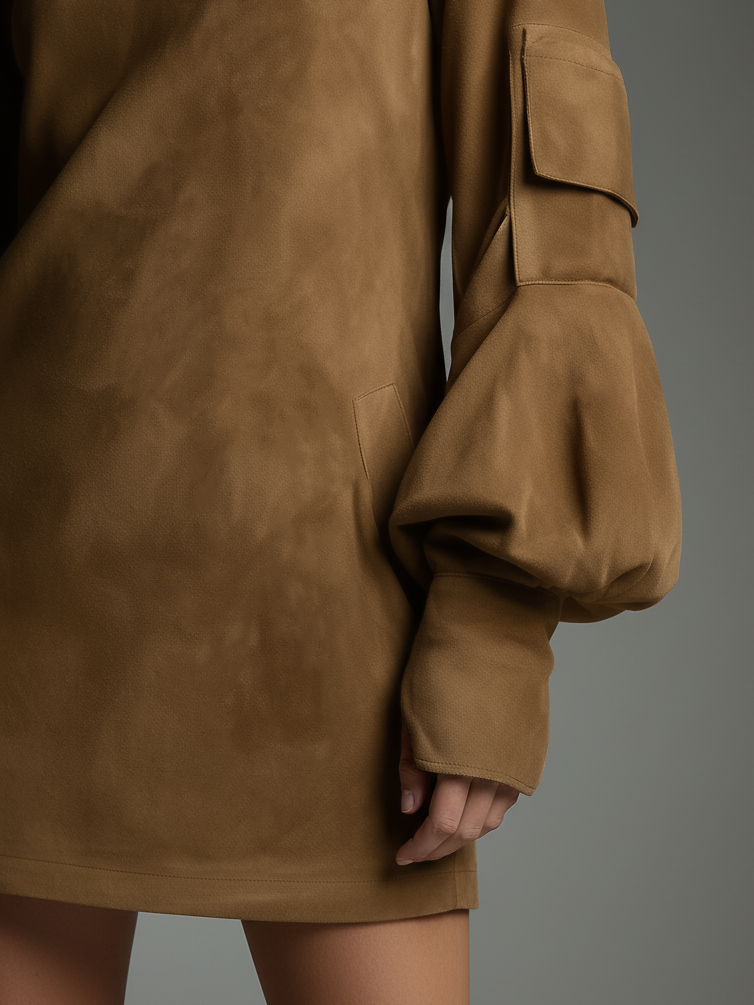 Liliane — Robe Mini en Suède Oversize, Col Roulé