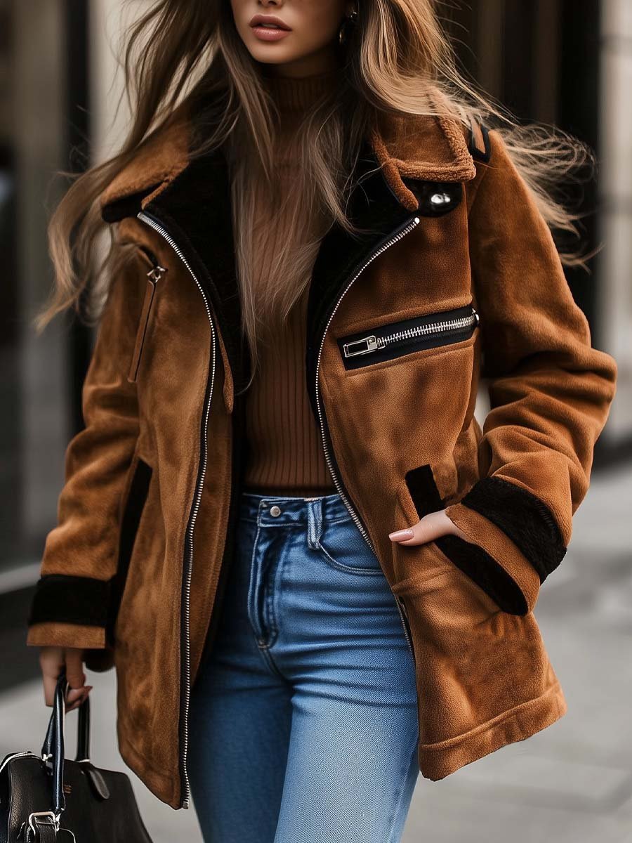 Monique — Manteau Suédé Contrasté Zippé