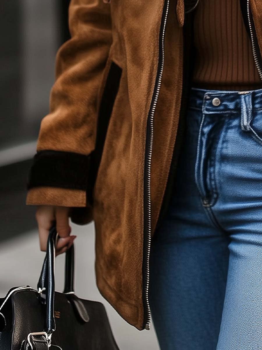 Monique — Manteau Suédé Contrasté Zippé