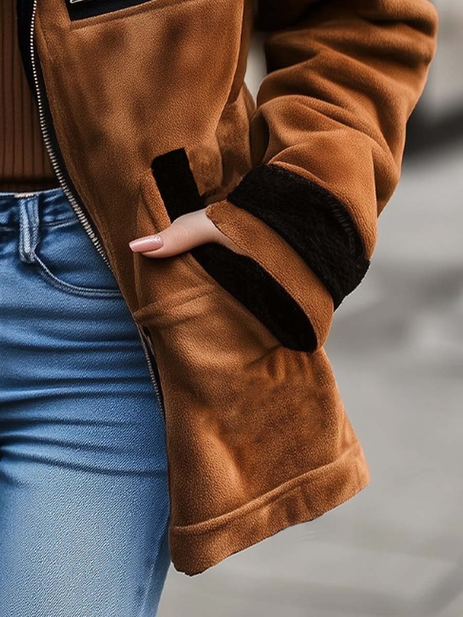 Monique — Manteau Suédé Contrasté Zippé