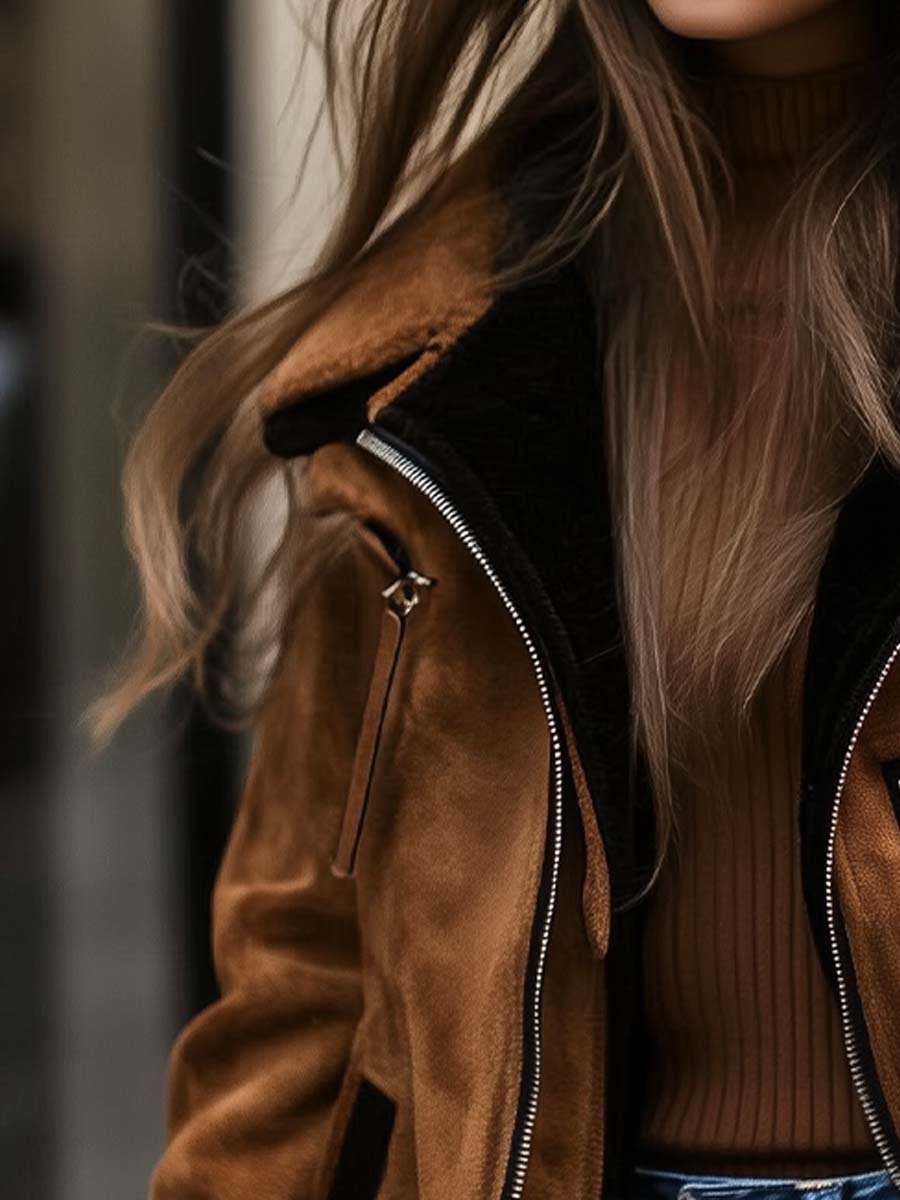 Monique — Manteau Suédé Contrasté Zippé