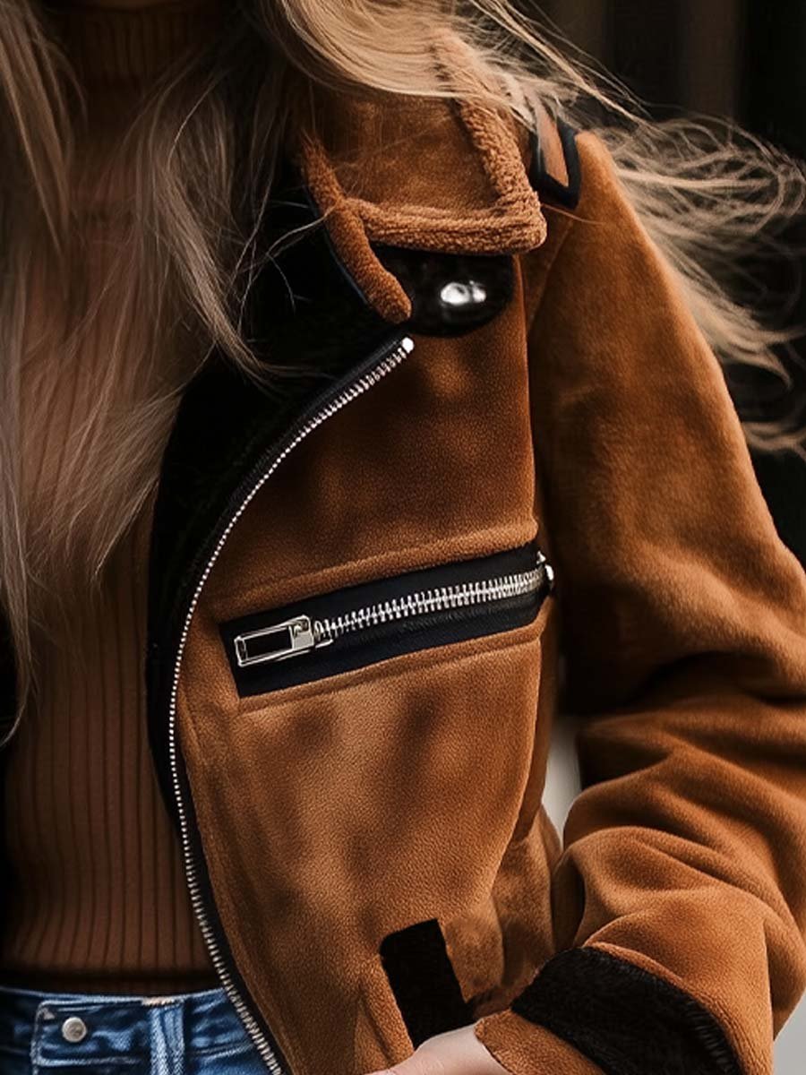 Monique — Manteau Suédé Contrasté Zippé