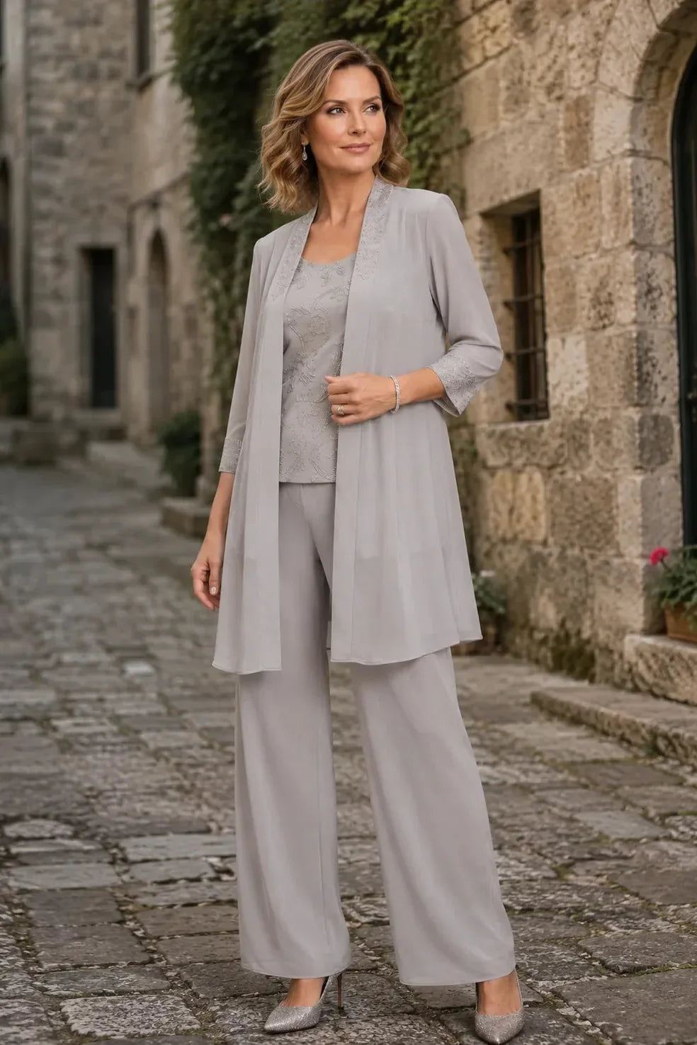 Alexandra — Ensemble Pantalon 3 Pièces Brodé