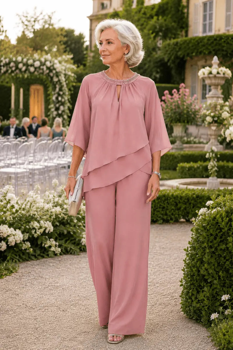 Dominique — Tailleur Pantalon, Col en Trou de Serrure